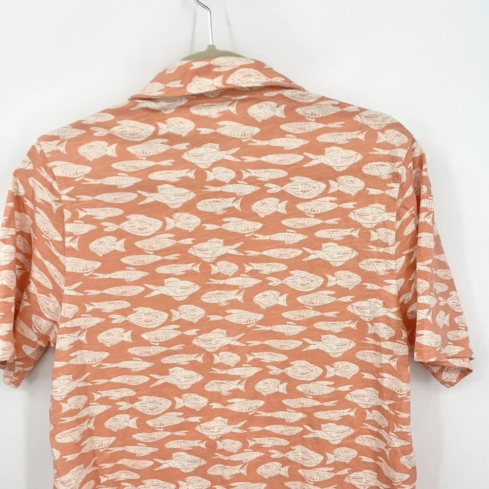 LL Bean Men‎ Size Small Shirt Short Sleeve Polo Organic Cotton Fish Orange Top